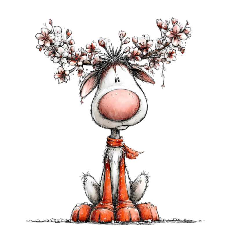 Whimsical reindeer cartoon wearing orange scarf with floral cherry blossom antlers, Grey Barn Handwerk, Saskatchewan.